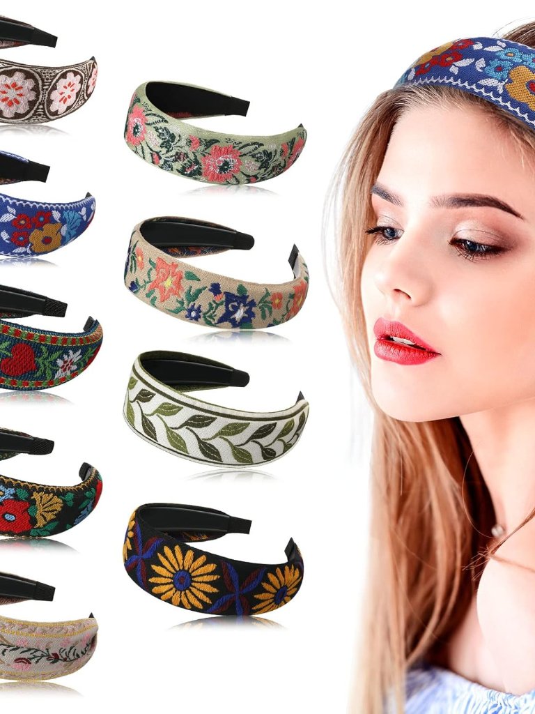 9 Pack Boho Embroidery Headband For Women Bohemia Floral Handmade Wide Headbands